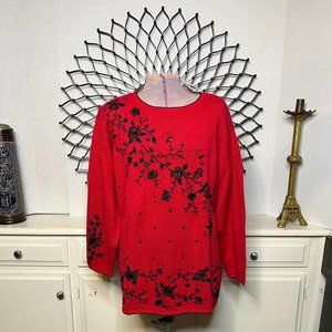 Tiara International Red Embroidered Beaded Sequins Long Sleeve Knitted Sweater